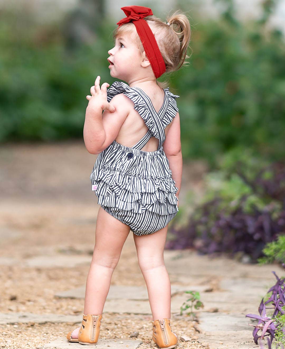 RuffleButts + RuggedButts - Baby Girls Navy Micro Stripe Woven Pinafore Cross-Back Bubble Romper