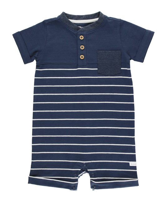 RuffleButts + RuggedButts - Baby Boys Navy and Gray Stripe Henley Romper