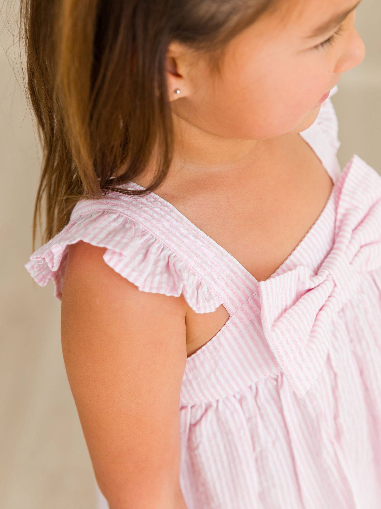 RuffleButts + RuggedButts - Girls Pink Seersucker Flutter Bow Woven Dress