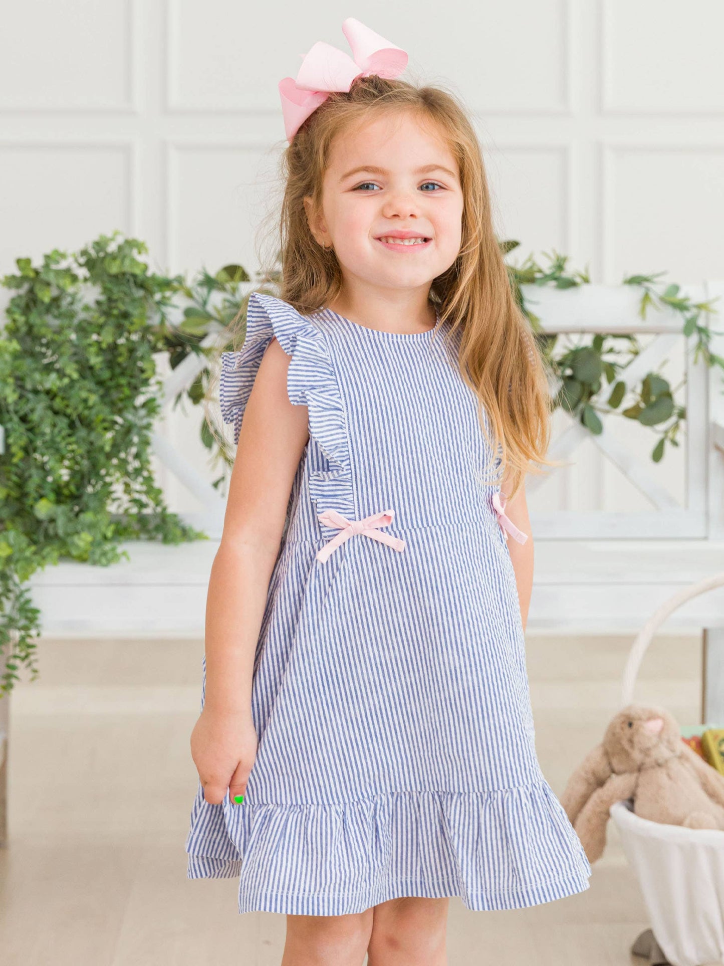 RuffleButts + RuggedButts - Girls Classic Blue Seersucker Pinafore Bow Dress