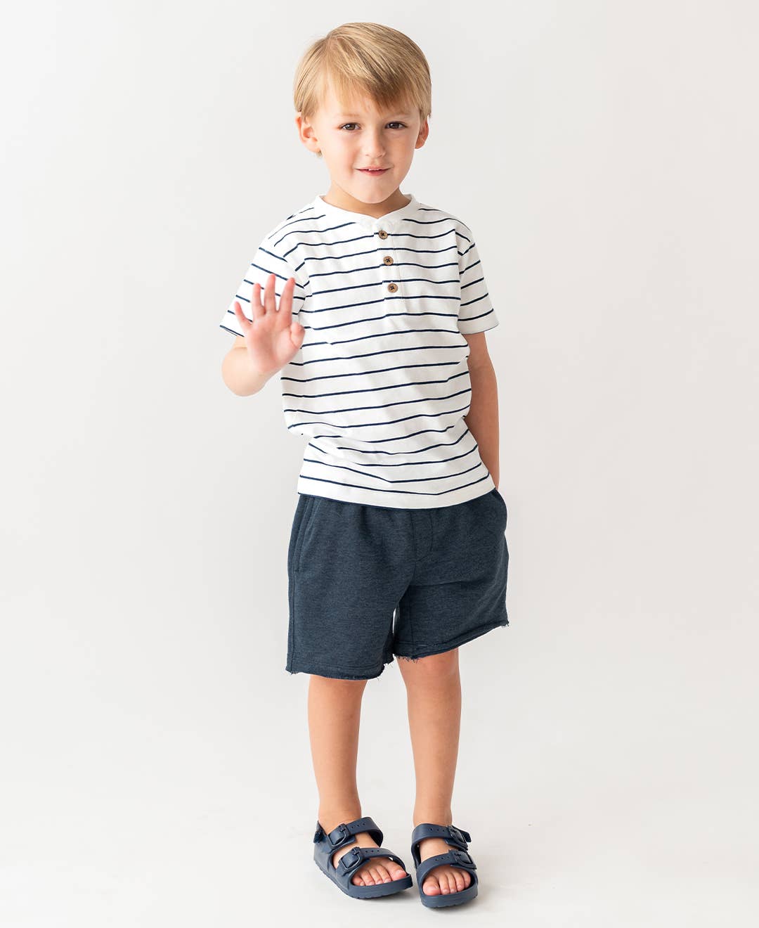 RuffleButts + RuggedButts - Boys White & Navy Stripe Short Sleeve Henley