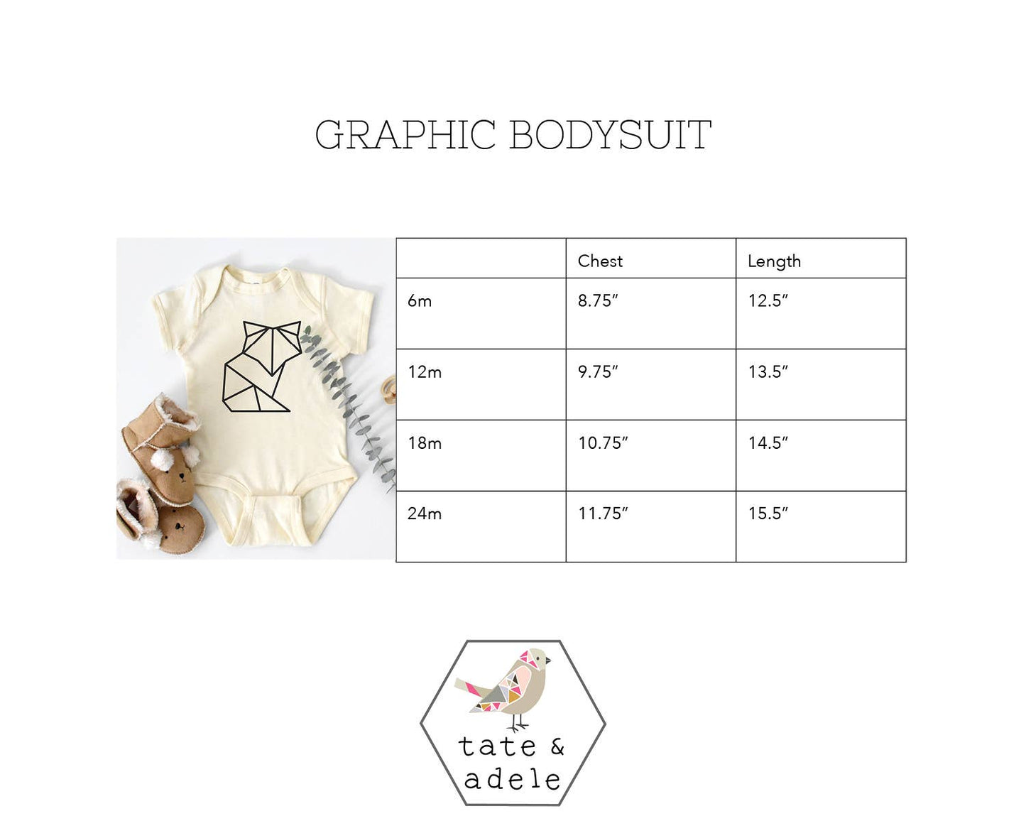 Tate & Adele - Geometric Bird Fox Bee Bear Bunny Heart Graphic  Bodysuit