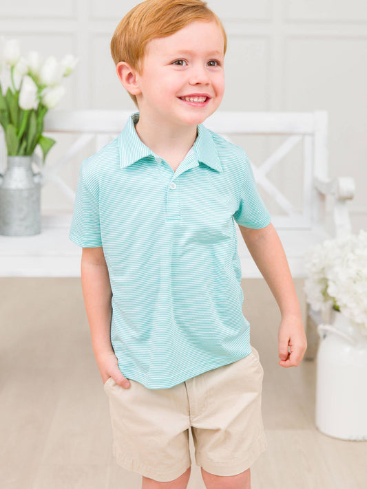 RuffleButts + RuggedButts - Boys Marine Green Micro Stripe Knit Short Sleeve Performance Polo