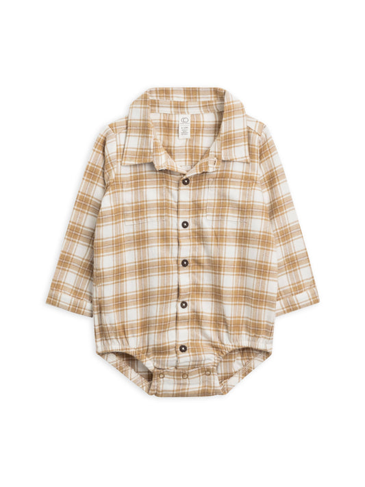 Colored Organics - Carson Flannel Collared Button Down Bodysuit - Latte Plaid