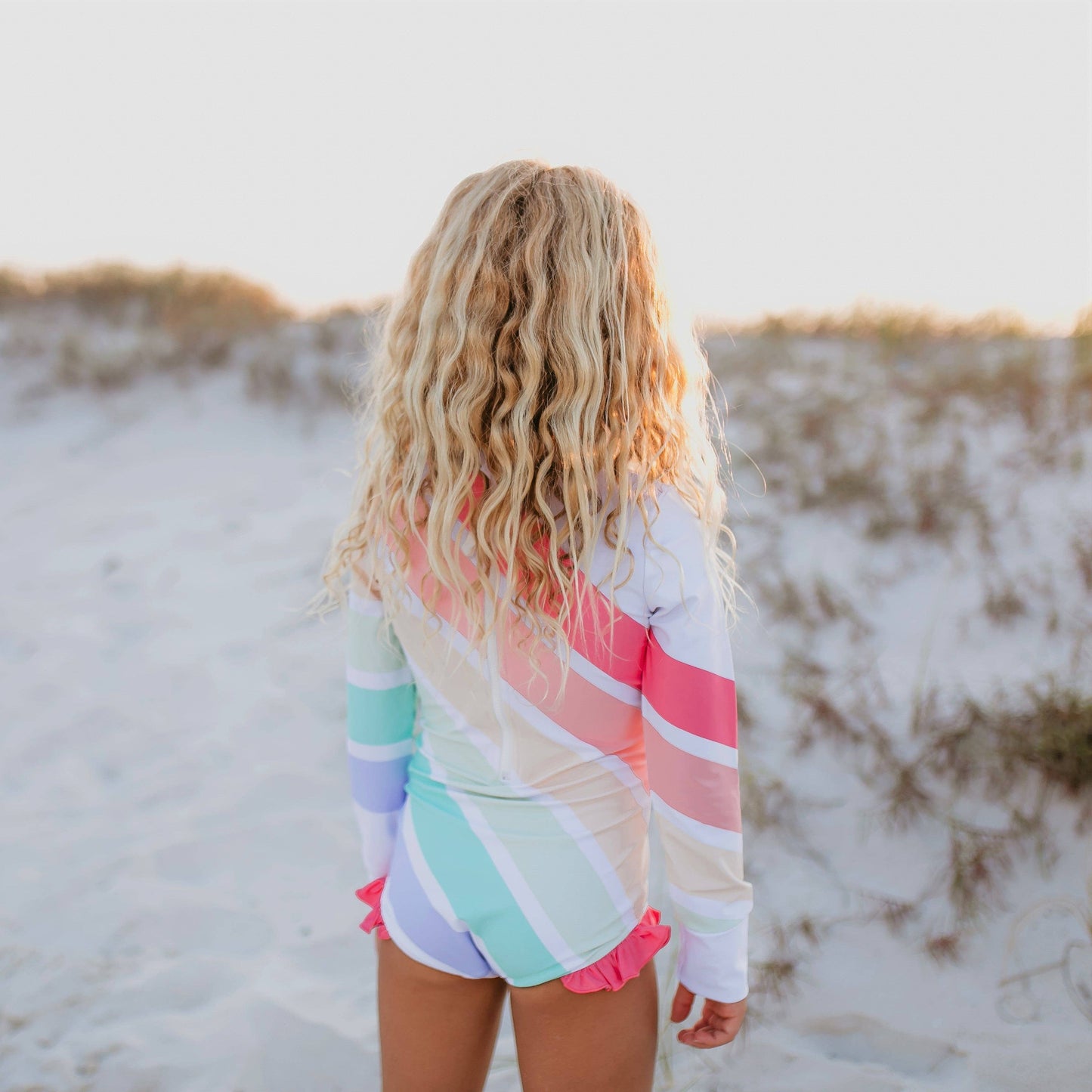 Oopsie Daisy - Kids Pastel Rainbow Stripe Zip Rash Guard One Piece Swimsuit SPD 50