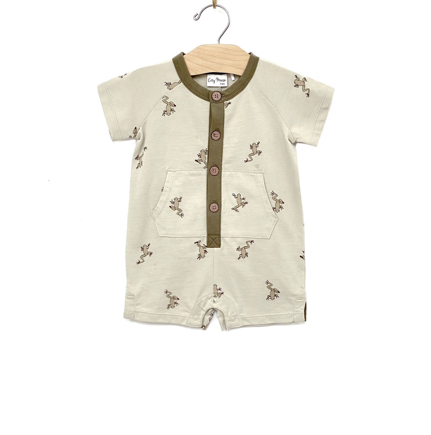 City Mouse Studio - Short Henley Romper- Frogs