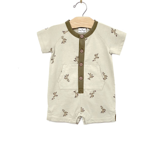 City Mouse Studio - Short Henley Romper- Frogs