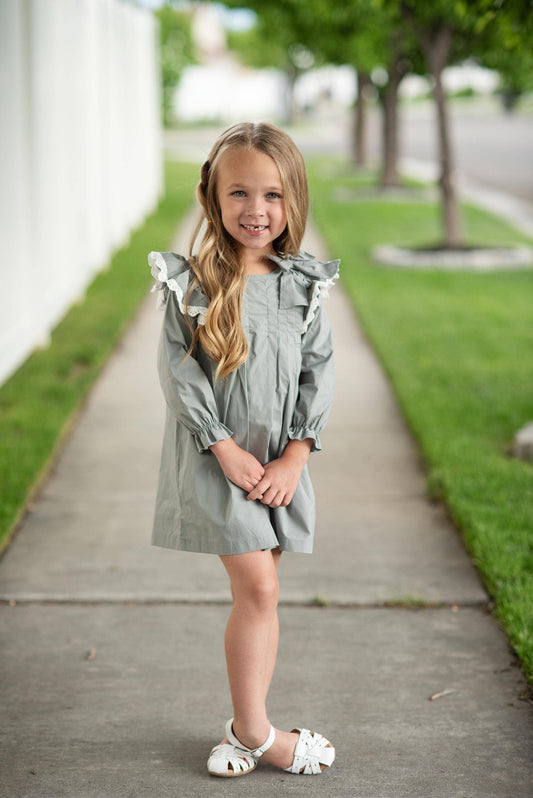 Wren & James - Kids Pin Tuck Blue Gray Ruffle Lace Bow Fall Dress